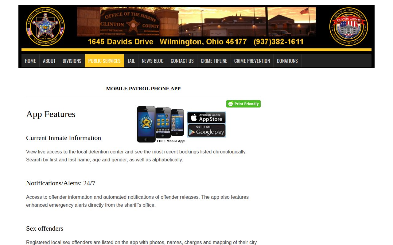 Clinton County warrant and booking access on the Sheriff's Mobile Patrol information page